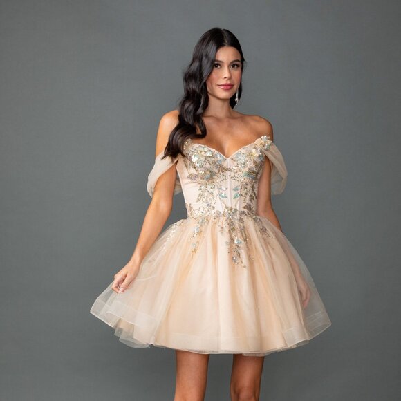 New Champagne Sequins Embellished Homecoming Tulle Gown w/ Lace Up Back DQ 3423 - Picture 3 of 8